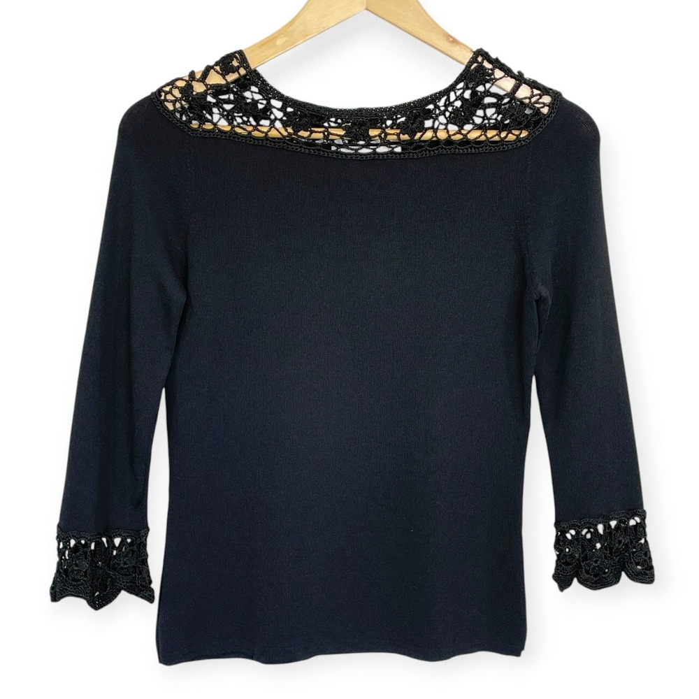 Joseph A Women Crochet Lace Boat Neck 3/4 Flare Sleeve Sweater Whimsigoth Size S